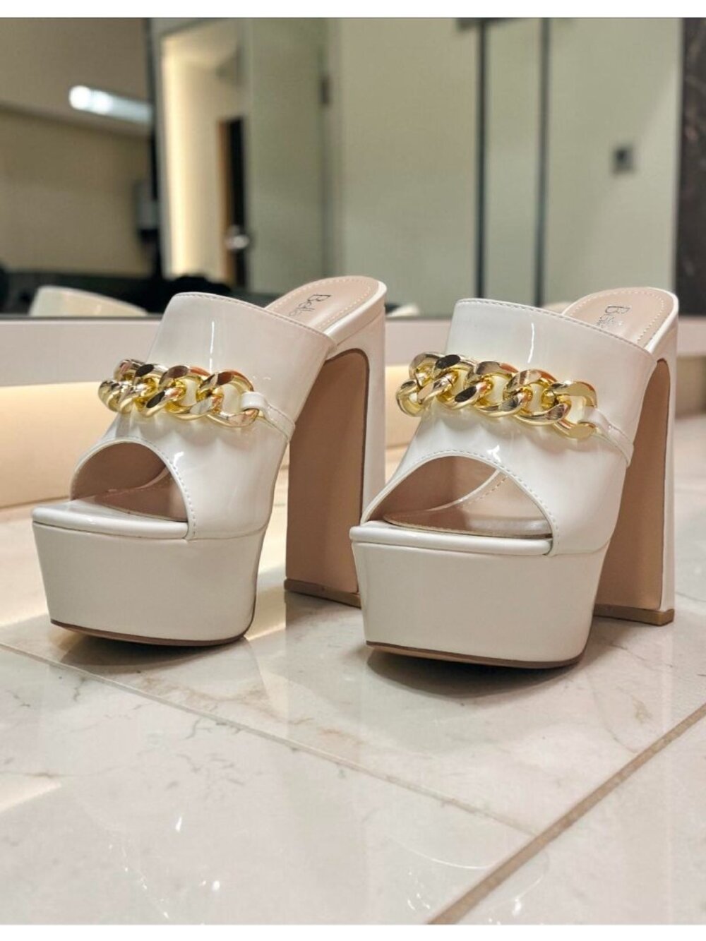 White Platform Heels With Gold Chain Detail Open Toe Patent Finish & Chunky Bloc